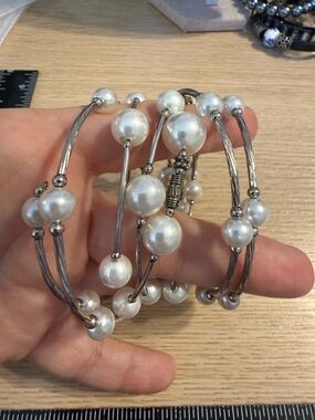 Silver-Tone Pearl Multi-Strand Cuff Bracelet